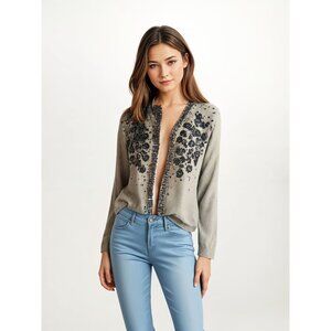 Vivien Forest Vintage Rabbit Wool Cardigan Sweater Floral Beaded Design Rhinesto